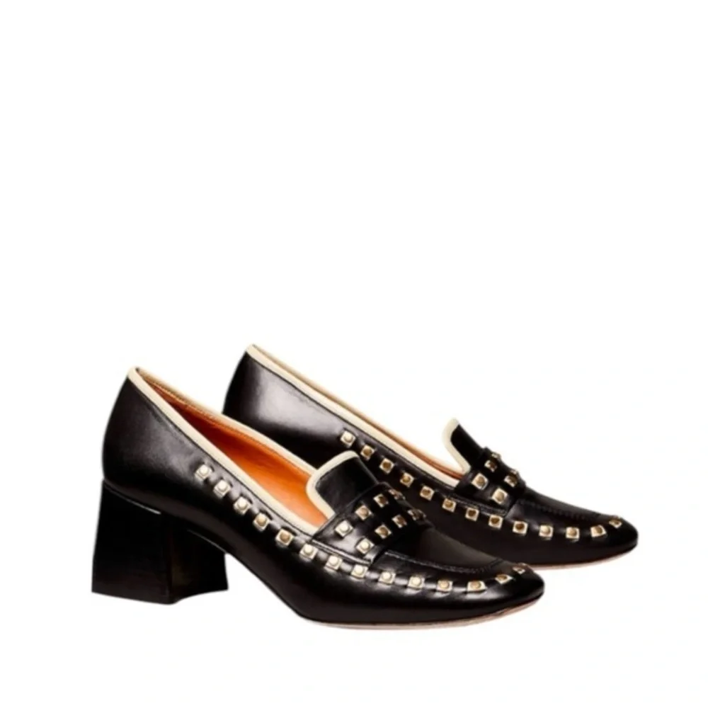 Tory Burch Perfect‎ Black Dolce Leather Studded Block Heel Slip On Loafers 7.5